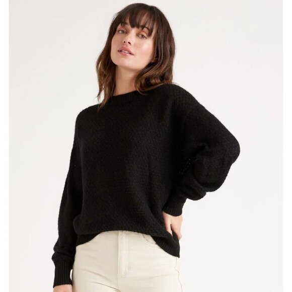 Quince Women's Black Baby Alpaca-Merino Wool Diamond Stitch Crew Neck Sweater S - Picture 5 of 5